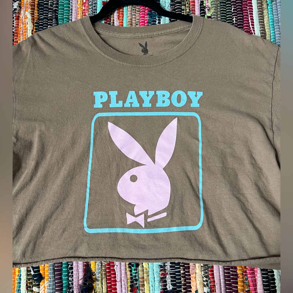 Playboy Logo Tee Brown and Blue Cropped Tee Shirt Short Sleeve Size Large L